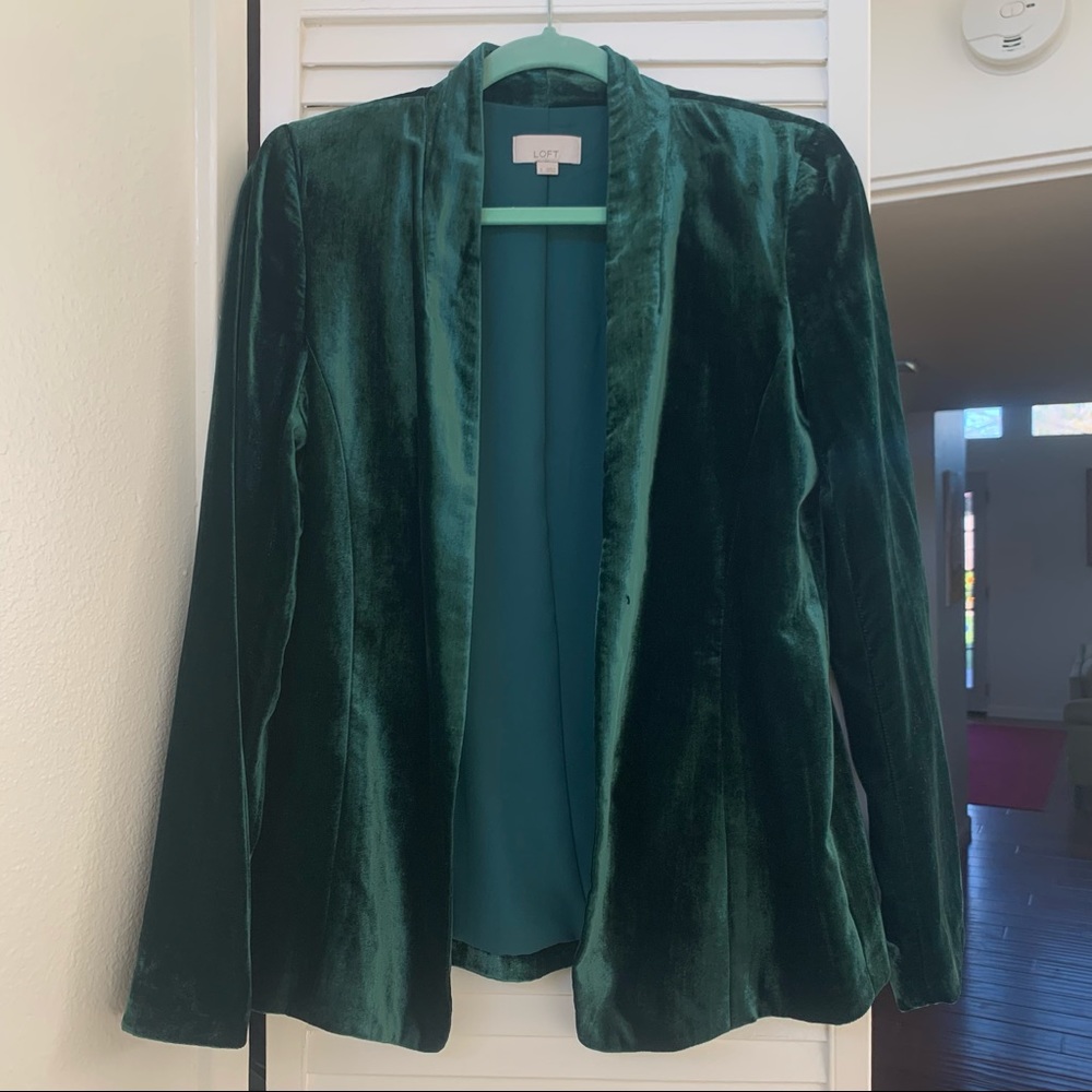 Loft Collarless Green Velvet Blazer